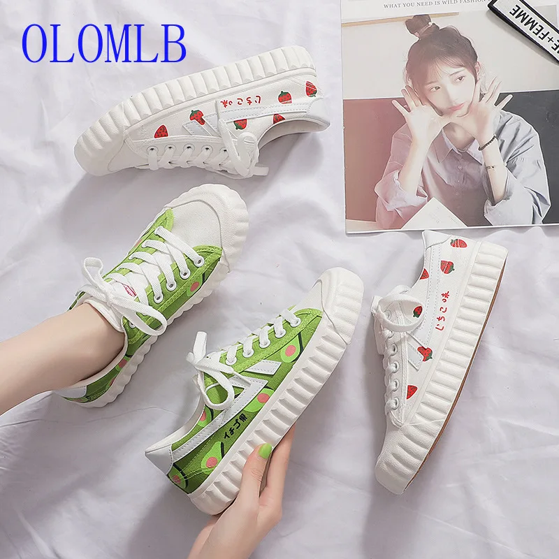 

OLOMLB 2019 Woman Sneakers White Casual Shoes Canvas Printing Fashion Flat Ladies Vulcanized Shoes Women Zapatos De Mujer