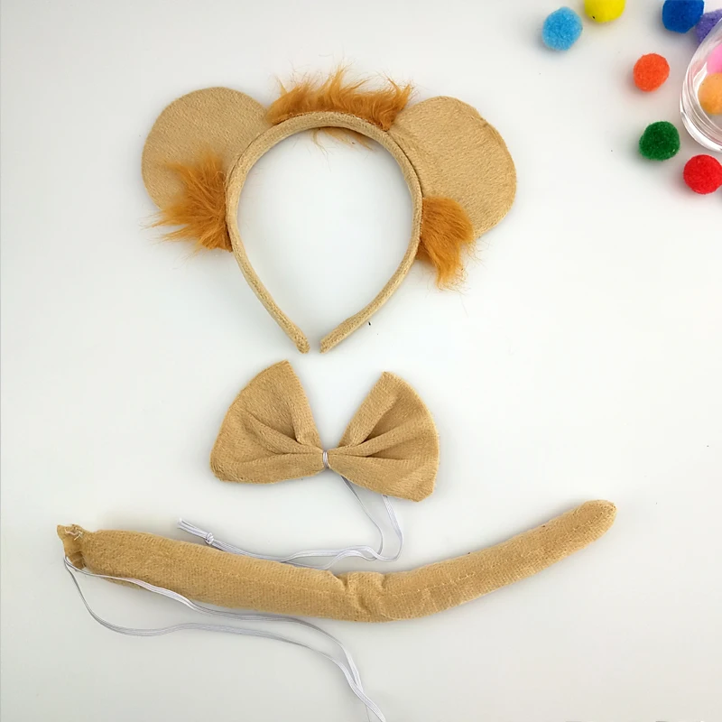 Adult Kids Party Children Lion Headband Bow Tie Tail for Women Animal  Hair Bands  Plush Birthday  Halloween Costume Cosplay lion toy plush brown xxl