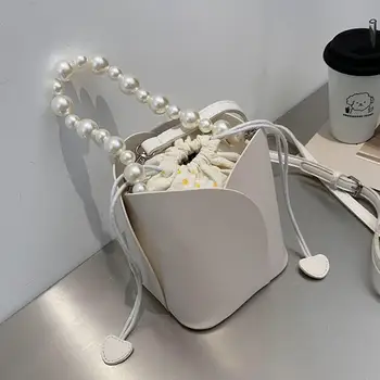 

Elegant Female Pearl Tote Bucket Bag 2020 New High-quality PU Leather Women's Designer Handbag Travel Shoulder Messenger Bag
