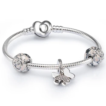 

NEW 100% 925 Brand-new 1:1 Charm Elegant Charming Butterfly and Rose Bracelet Set Factory Direct Fit DIY Gift