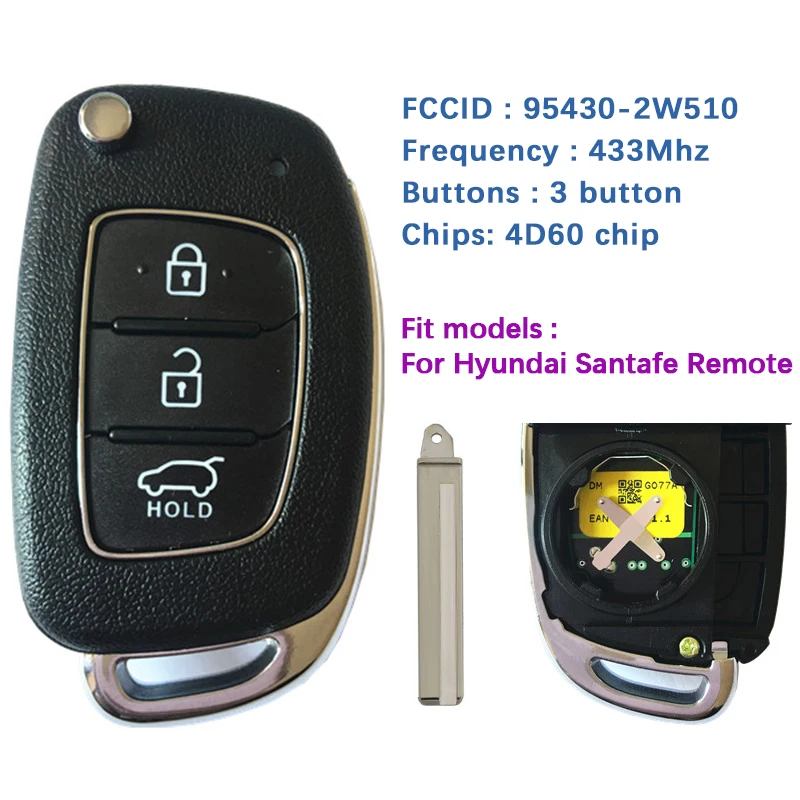 

CN020073 Original 3 Button Hyundai Santafe Flip Remote Controls Frequency 433Mhz 4D60 Chip FCCID RKE-4F17 95430-2W510