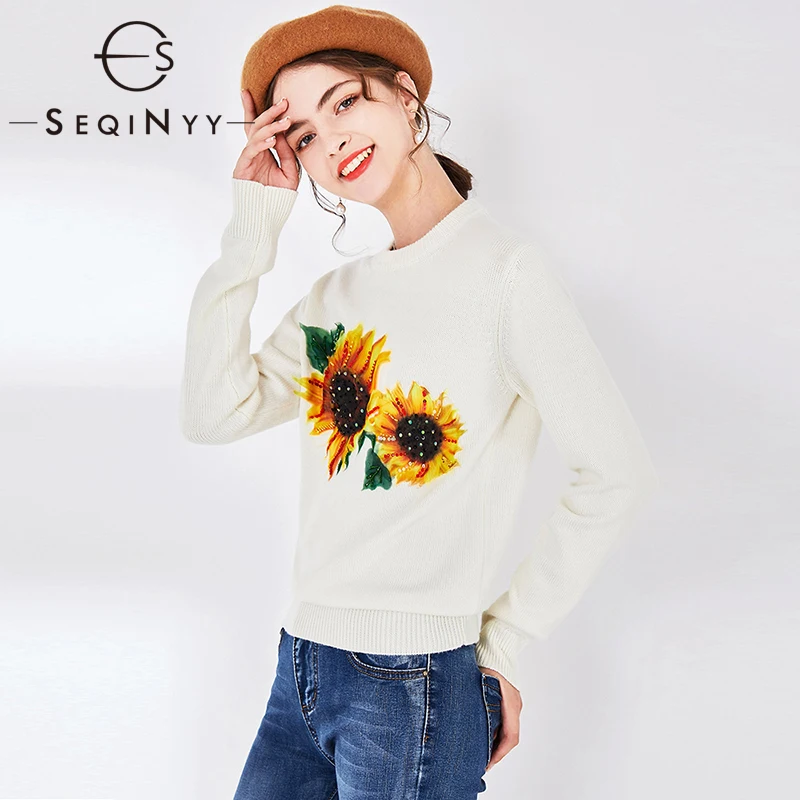 

SEQINYY Beige Sweater 2020 Spring Autumn New Fashion Design Bead High Quality Sunflower Appliques Loose Top