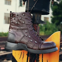 Мужские ботинки из натуральной воловьей кожи; Мужская обувь; ботинки в байкерском стиле; военные ботинки; готические ботинки в стиле панк с черепами