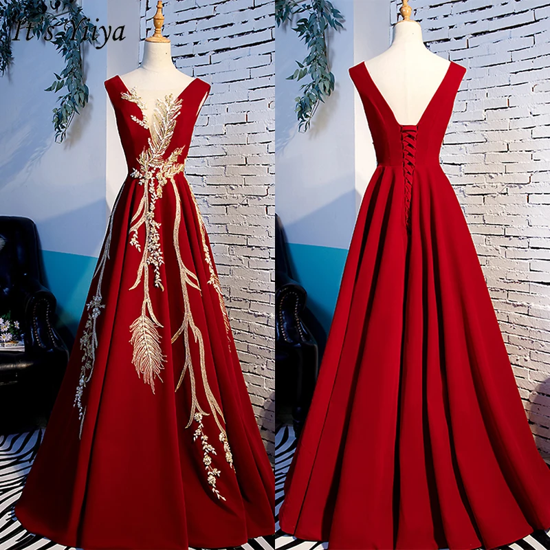 

It's Yiiya Evening Dress 2019 Burgundy Floral Print Sleeveless V-Neck A-Line Robe de Soiree Women Party Formal Long Dress E1003