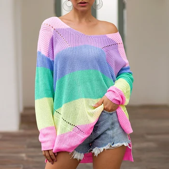 

Women Sweater Autumn Winter Knit Pullover Rainbow Stitching Color Loose Long Sleeve Pullover Sweater V-neck Strapless Shoulder