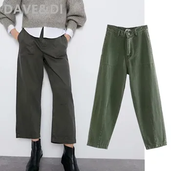 

Dave&Di 2020 spring high street vintage solid harem pockets ankle length jeans woman high waist jeans boyfriend jeans for women