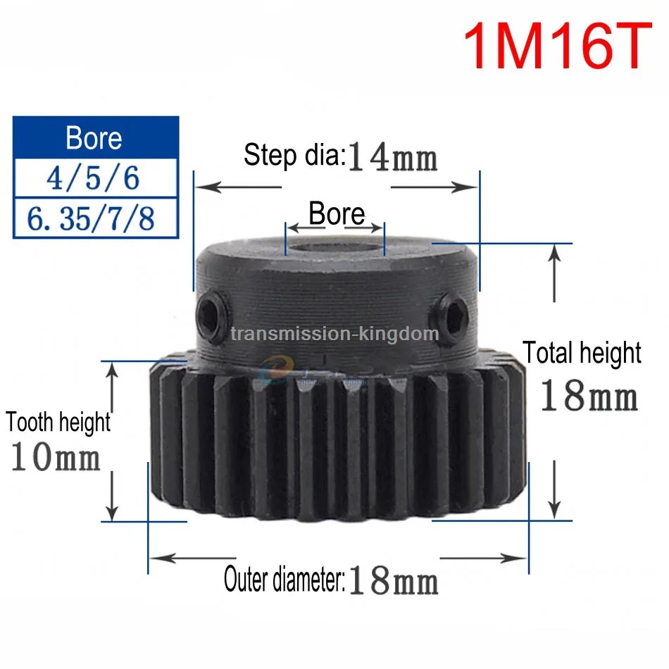 1Pcs 1Modulus Spur Gear 15 Teeth To 18 Teeth Metal Motor Pinion Convex Gear Rack bore 4/5/6/6.35/7/8/10mm Transmission