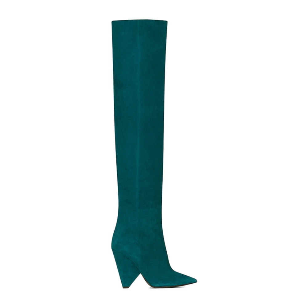 HARAVAL Handmade Woman Winter Knee-high Boot High Quality Sexy Pointed Toe Spike Heel Shoes Solid Fashion Pleated Warm Soft Boot