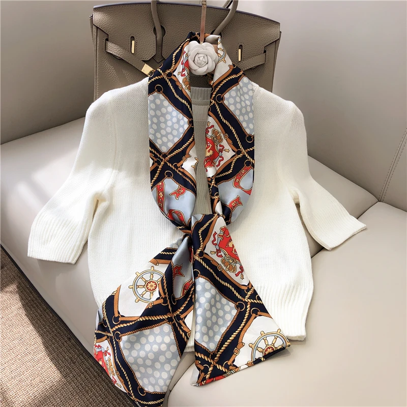 

2021 Korean Design NEW Fashion Printing Long Small Neckerchief Women's Neck Scarfs Elegant Thin ladies Scarf Ribbon 14CMX145CM
