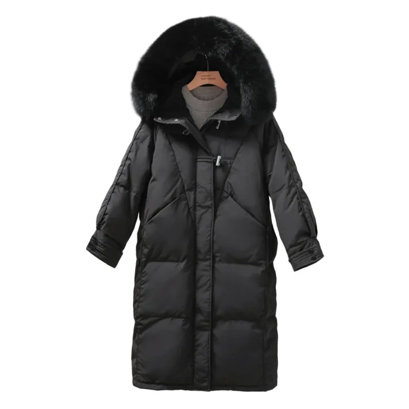 

Женское зимнее длинное пальто на 90% утином пуху, теплая зимняя верхняя одежда, куртка с большим капюшоном из натурального меха, свободные синие парки с гусиными пуговицами, Chaquetas Mujer