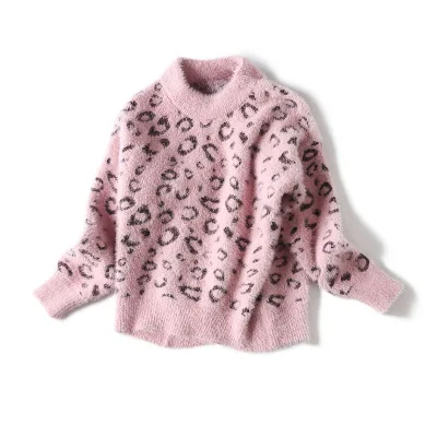 Girls velvet sweater autumn and winter new leopard pattern hooded fashion bottoming children's sweater children's clothing tide - Цвет: Розовый