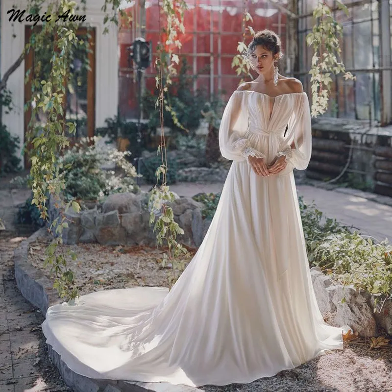 

Magic Awn Bohemian Chiffon Wedding Dresses With Puff-Sleeves Off Shoulder Pearls Beaded Beach A-Line Bridal Gowns Sweep Train