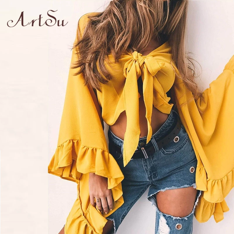 ArtSu Женская Сексуальная шифоновая блузка на шнуровке кардиган Однотонная