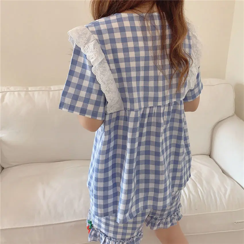 Korean Plaid Sleepwear Princess Style Pajamas for Women Summer Two Piece Set Pyjamas Sweet Cherry Lace Decoration Pijamas Nighty