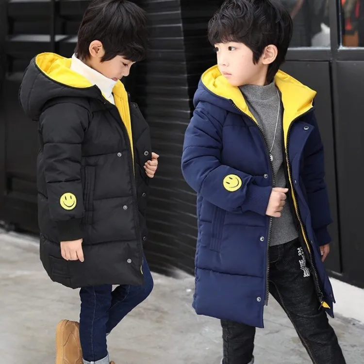 

BOY'S Quilted Cotton Coat Winter 2019 New Style Big Boy Korean-style Thick Cotton-padded Jacket Mid-length Smiley Cotton-padded