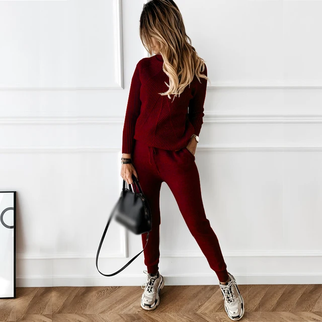 TYHRU Autumn Winter Women's tracksuit Solid Color Striped Turtleneck Sweater and Elastic Trousers Suits Knitted Two Piece Set 5