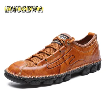 

EMOSEWA Big Size 48 Spring Genuine Leather Men's Shoes Lace-up Man Outdoor Casual Shoes Thick Bottom Stitch Non-slip Male Shoes