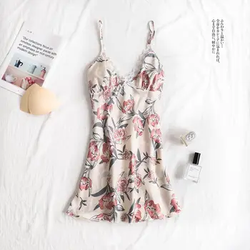 

Spring And Summer Sexy Silk Halter Belt Nightgown Nightdress Lady Backless Lace Temptation Ice Silk Screen Print Home Dress