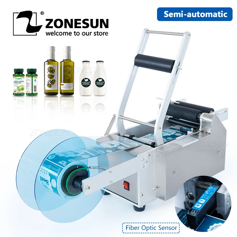 ZONESUN Semi Automatic Oil Wine Round Bottle E-juice Vial Labeling Machine Self-adhesive Label Sticker for Cosmetic | Бытовая техника