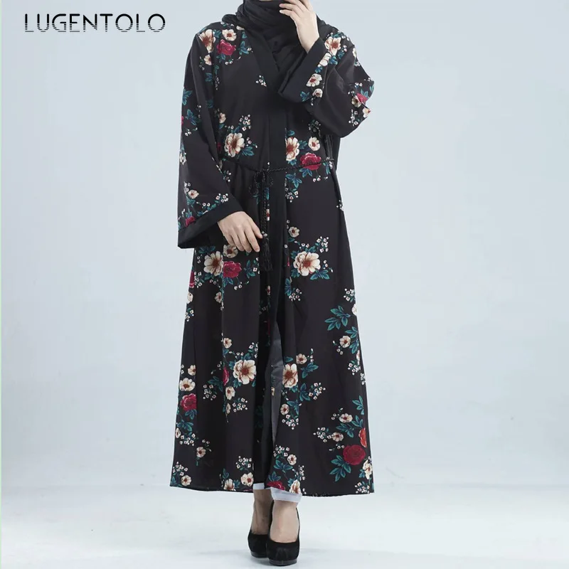 Lugentolo Women Big Swing Dress Loose Elegant Flower Print New Fashion Muslim Dress Cardigan Long Sleeve Abaya Lady Maxi Dress