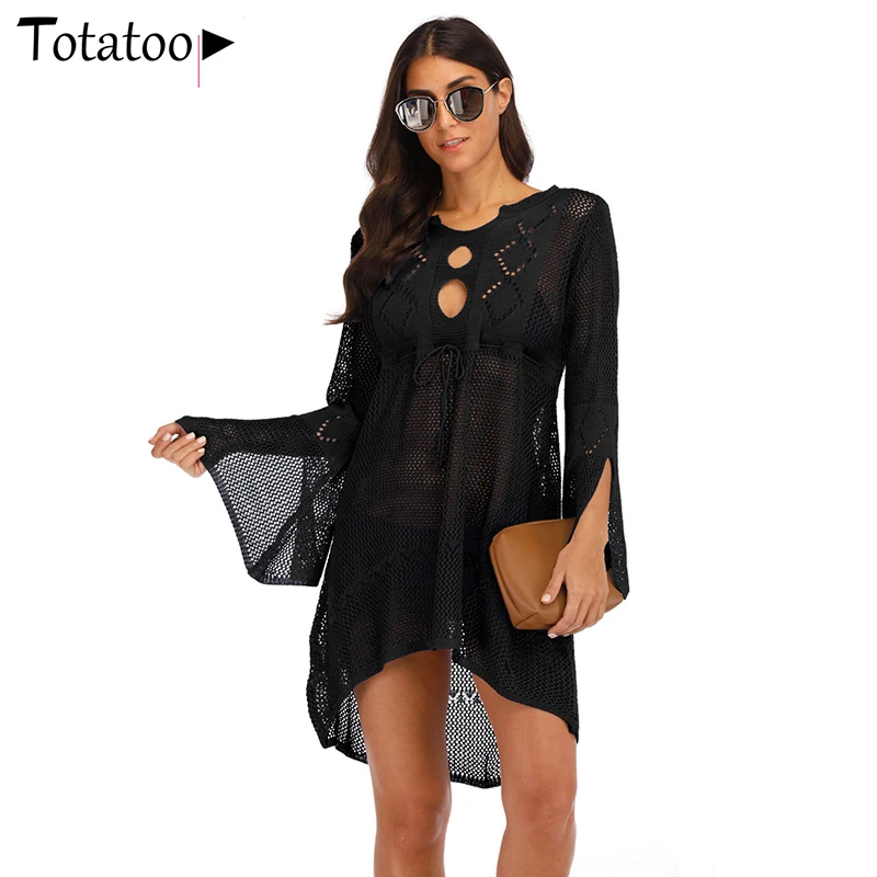 Totatoop Backless Sexy Knitted Dress Women 2021 Summer Long Sleeve Open Back See Through Beach Cover Mini Dress Femme Clubwear vintage clothing stores Dresses