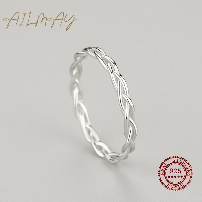Real 925 Sterling Silver Simple Braided Texture Stackable Rings For Women Minimalist Fine Jewelry Ailmay silver ring,silver rings
