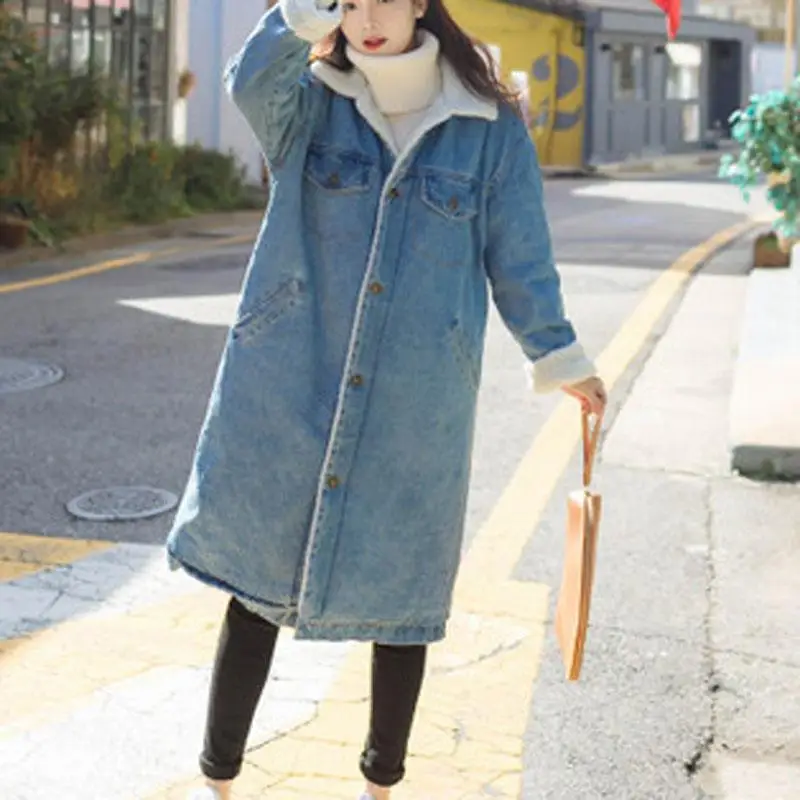 Finest  New Women Winter Denim Jackets Lamb Wool Lining Long Warm Coats Big Fur Oversize Loose Jeans Jacket
