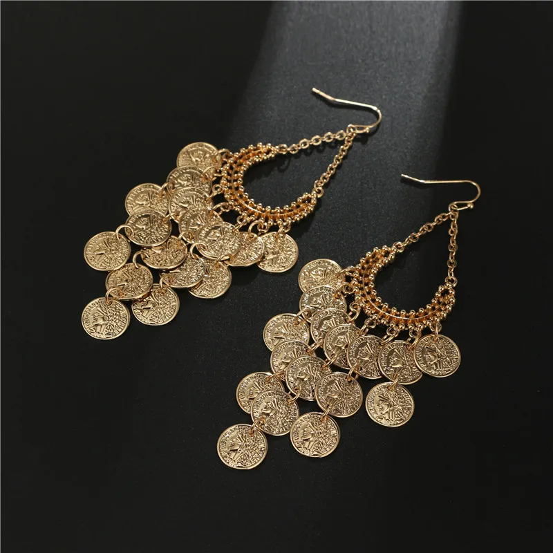 docona Gypsy Gold Color Hollow Leaf Coin Pendant Earrings for Women Metal Long Tassel Drop Dangle Earring Pendientes 6643