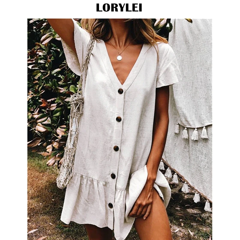 

2019 Sexy V-Neck Short Sleeve Button Front Open Summer Beach Dress White Cotton Tunic Women Beachwear Swimsuit Cover-ups N744