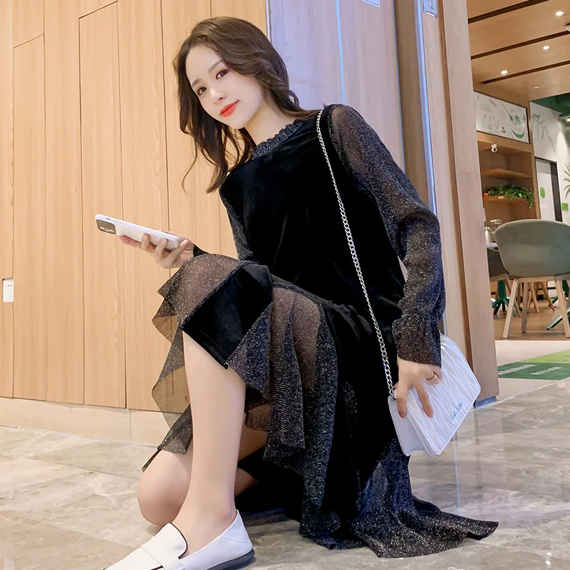 

Pregnant Women Spring And Autumn New Style Gold Velvet Dress Gauze Joint Base Skirt Elegant Fishtail Skirt Large Size Dress