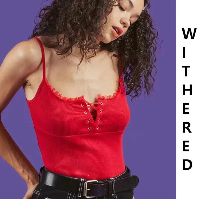 

Withered fashion blogger ins vintage lace bandage knitted t shirt women harajuku tshirt camisetas verano mujer 2019 Camisole