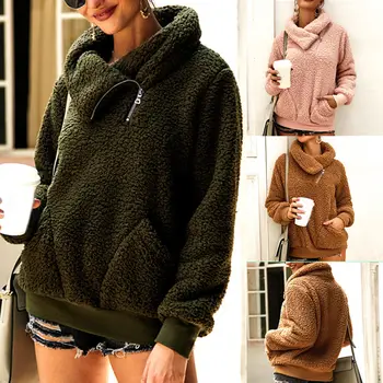 

Women Autumn Winter Hooded Jacket High Neck Long Sleeve Solid Color Velvet Coats NYZ Shop