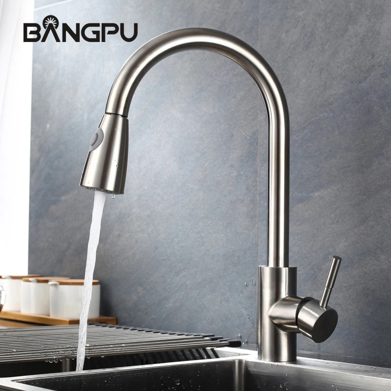 

Кухонный выдвижной смеситель из матового никеля, кухонный смеситель с выдвижным носиком, установленный на раковину смеситель с одной ручкой и одним отверстием