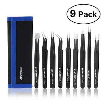 

9pcs Anti-Static ESD Stainless Steel Tweezers Set With Case For Eyebrow Tweezers Makeup Electronics Laboratory Tools