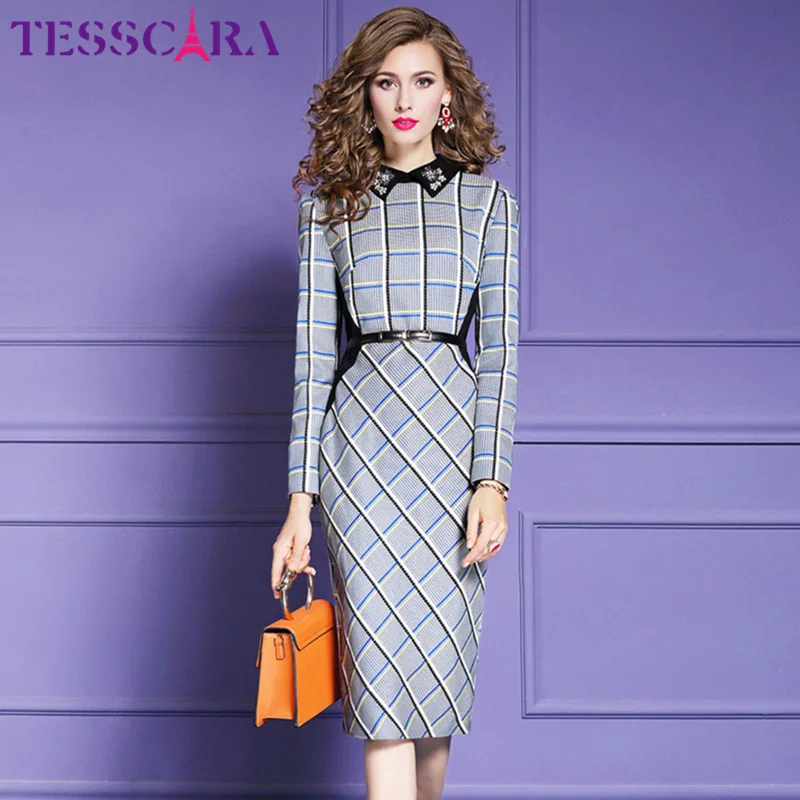 TESSCARA, женское осенне-зимнее элегантное платье в клетку, женские офисные вечерние платья, высококачественное винтажное дизайнерское платье-карандаш с бисером, Vestidos - Цвет: Plaid