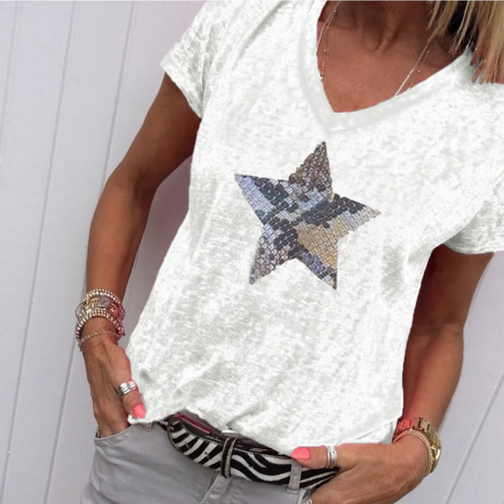 

Solid Casual Personality Clothes T-shirt Ladies Plus Size five-pointed Star Simple Print short-sleeved T Shirt Leisure Girls New
