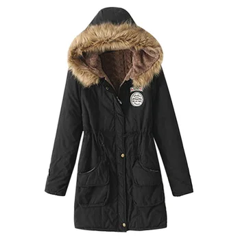 

Winter Jacket Women Fur Collar Parkas Slim Zipper Parkas Wool Hat Belt Hoodie Thicken Winter Outwear Long Female Snow