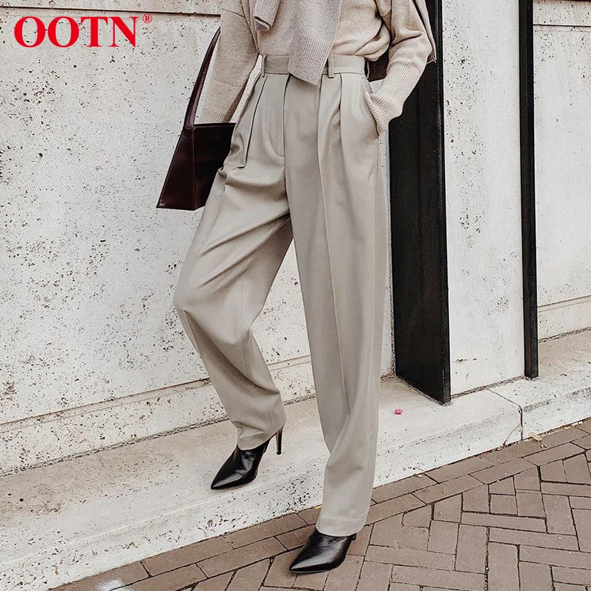 

OOTN 2020 Spring Elegant Trousers Ladies Office High Waist Pants Pleated Casual Loose Women Ankle-Length Pants Female OL Khaki