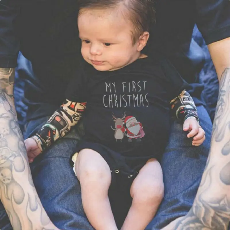 Focusnorm с надписью MY FIRST CHRISTMAS, для младенцев, для маленьких мальчиков и девочек боди с принтом Комбинезон-Татуировка одежда из хлопка, комплекты одежды