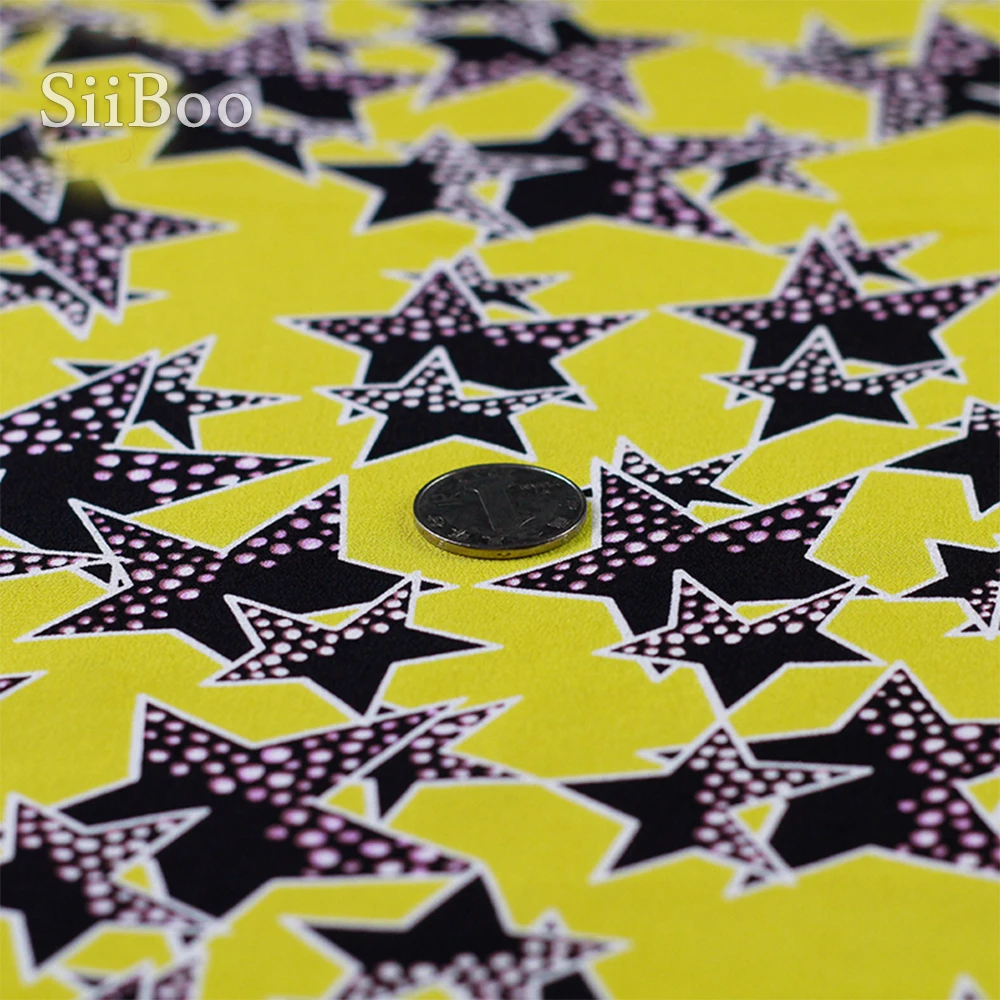 Желтый с принтом звезды 100% шелк крепдешин ткань для платья натуральный tissu tecidos