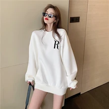 

Women Pullover Korean Version Loose Leisure White Hoodless Tops Fashion O-Neck Drop Shoulder Sleeve Letter Print Sweatshirt