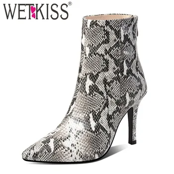 

WETKISS Snake Skin Cow Leather Boots Women High Heels Ankle Booties Female Sexy Zip Shoes Ladies Pointed Toe Shoes Spring 2020