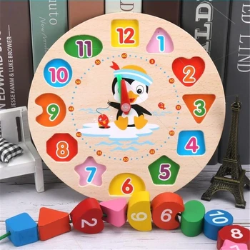 

Montessori Cartoon Animal Educational Wooden Beaded Geometry Digital Clock Puzzles Gadgets Matching Clock Toy For Children