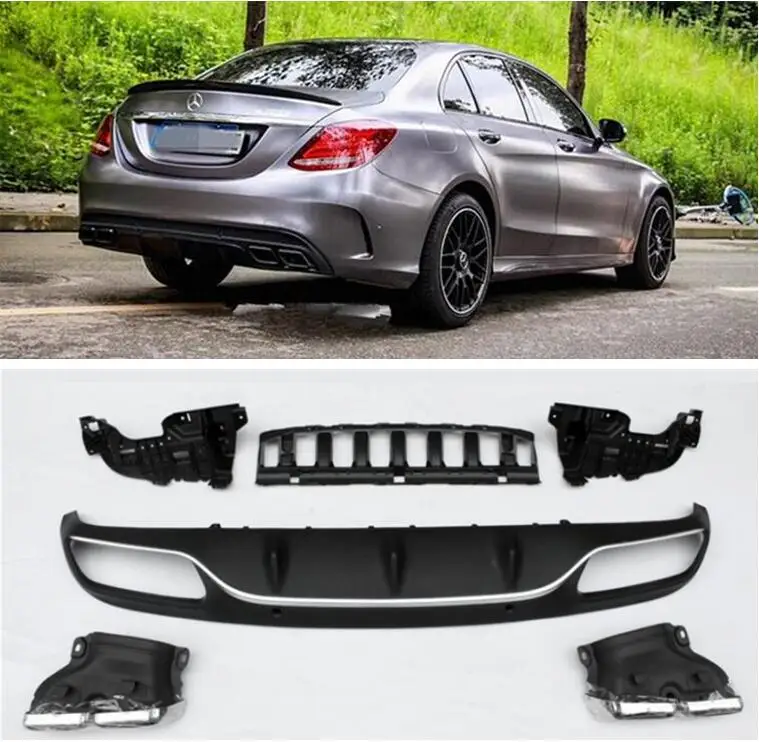 

PP 4 Outlet Rear Trunk Lip Bumper Diffuser & Exhaust Tips For Mercedes-Benz W205 C63 AMG C180 C200 C250 C300 2015-2022