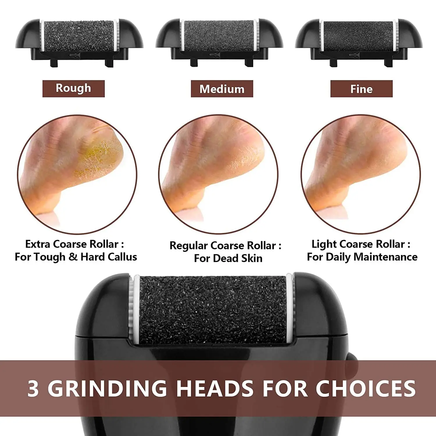 6 Pcs Foot Care Tool Heads Hard Skin Remover Refills Replacement Rollers for Cracked Heels Calluses and Dead Skin Black