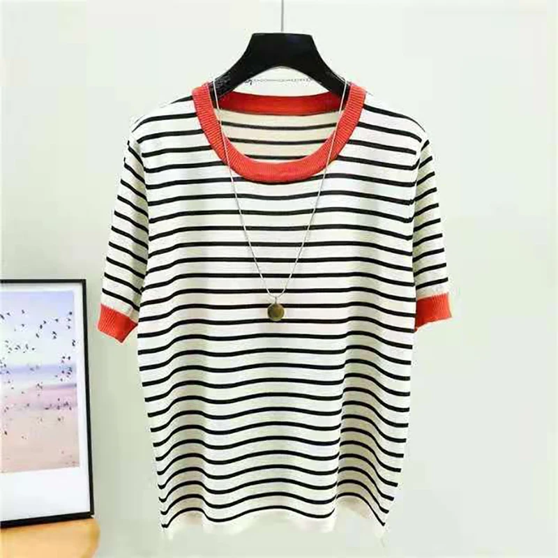 Shintimes Striped Tee Shirt Femme Tops Summer T Shirt Women Thin Ice Silk Knitted T-Shirts Short Sleeve Clothing Camisetas Mujer