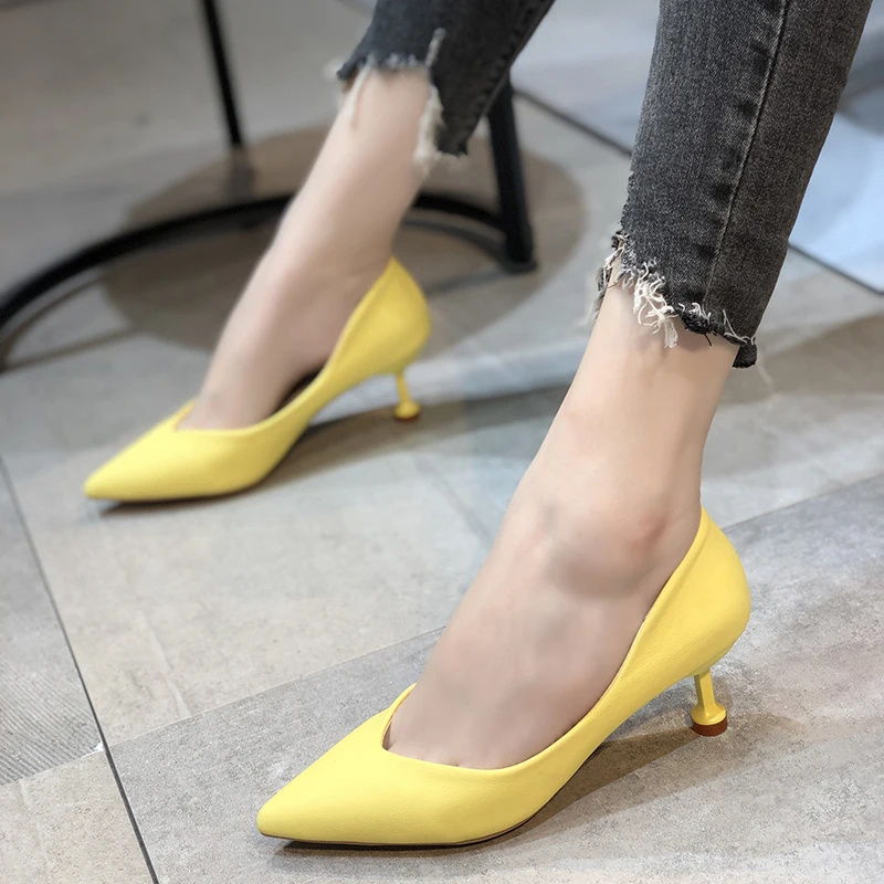 

Women Shoes Pointed Toe Pumps Autumn New Style Shallow Mouth Fine Heel High Heel Women's Single Shoes Yellow Pink Black White