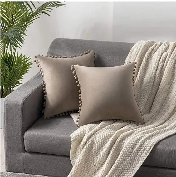 Velvet Decorative Cushion with Ball Home Decor Sofa Pillowcase  Pure Color Drop Ball Plush Car Home Office Throw Pillowcase 