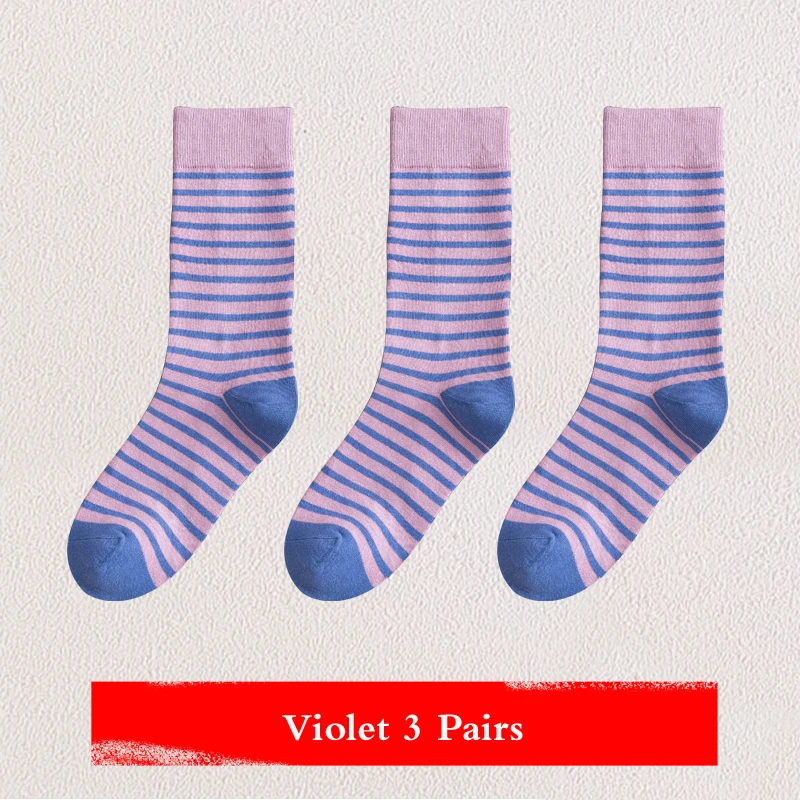 Violet 3 Pairs Японские гольфы, женские полосатые весенне-осенние высокие цилиндрические голени, носки, хлопковые дезодорирующие милые корейские женские носки, 3 пары - Цвет: Violet 3 Pairs