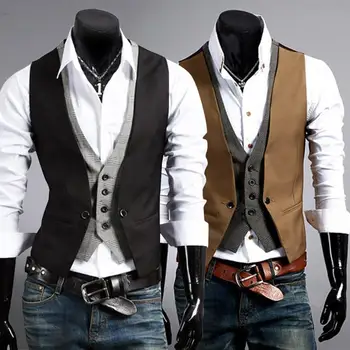 

Fake Two-pieces Men Vests Solid Color Single Button V Neck Sleeveless Vest Men Slims Fit Waistcoat Men Formal Vest gilet homme